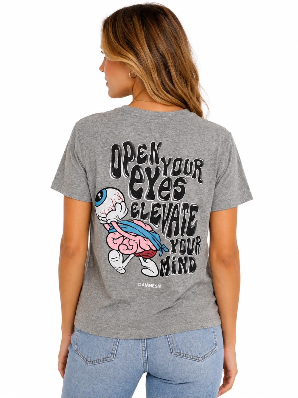 Amnesia Gray Graphic 'Open Your Eyes' Tee
